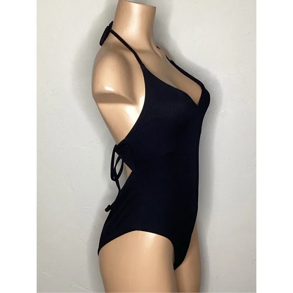 New. AQUA black ribbed v-neck. Medium . Retails $98